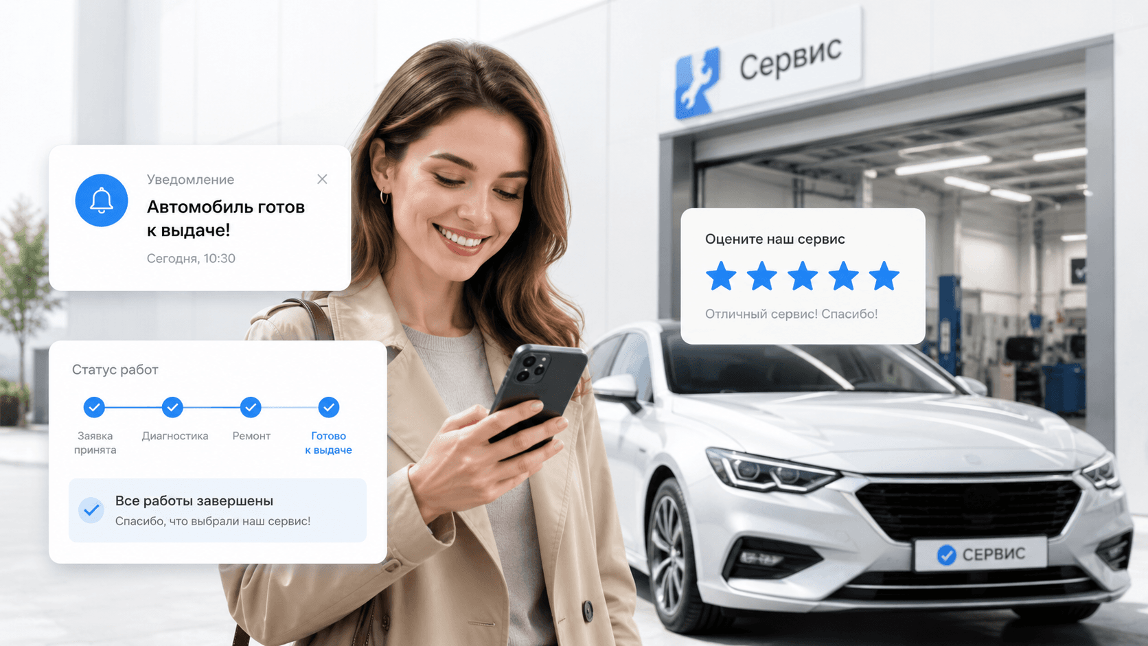 Клиент получает в GoodGarage уведомление о готовности авто, статус работ и форму оценки сервиса